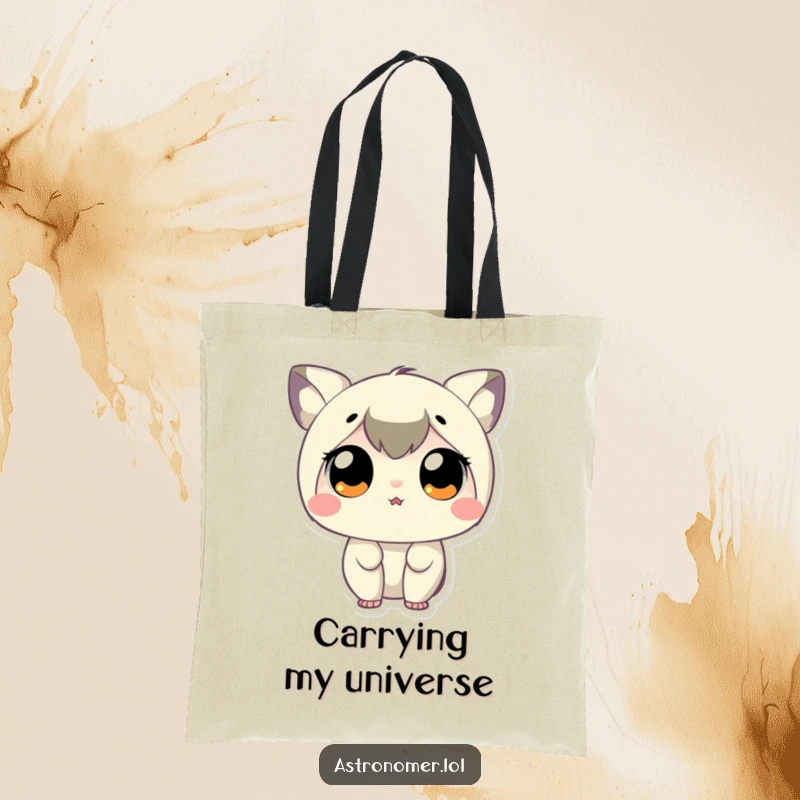 Funny Tote Bag with a tiny character displaying enormous, delighted eyes while stargazing at the night sky.