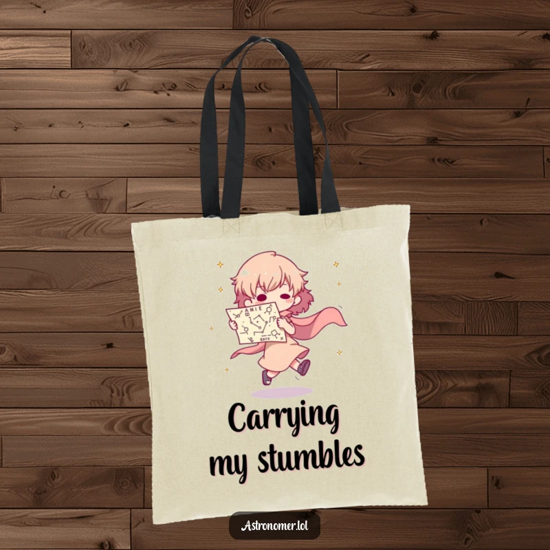 Funny tote bag featuring a character tripping over while holding a constellation map, ideal for carrying cosmic essentials.