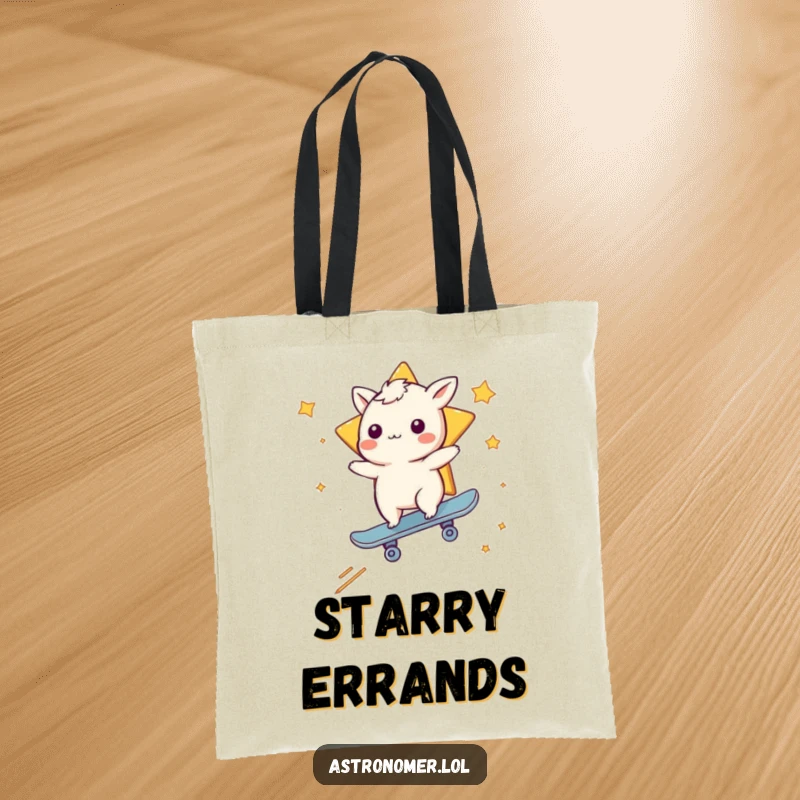 Funny tote bag with a whimsical creature expertly skateboarding on a shooting star, a cool cosmic accessory.