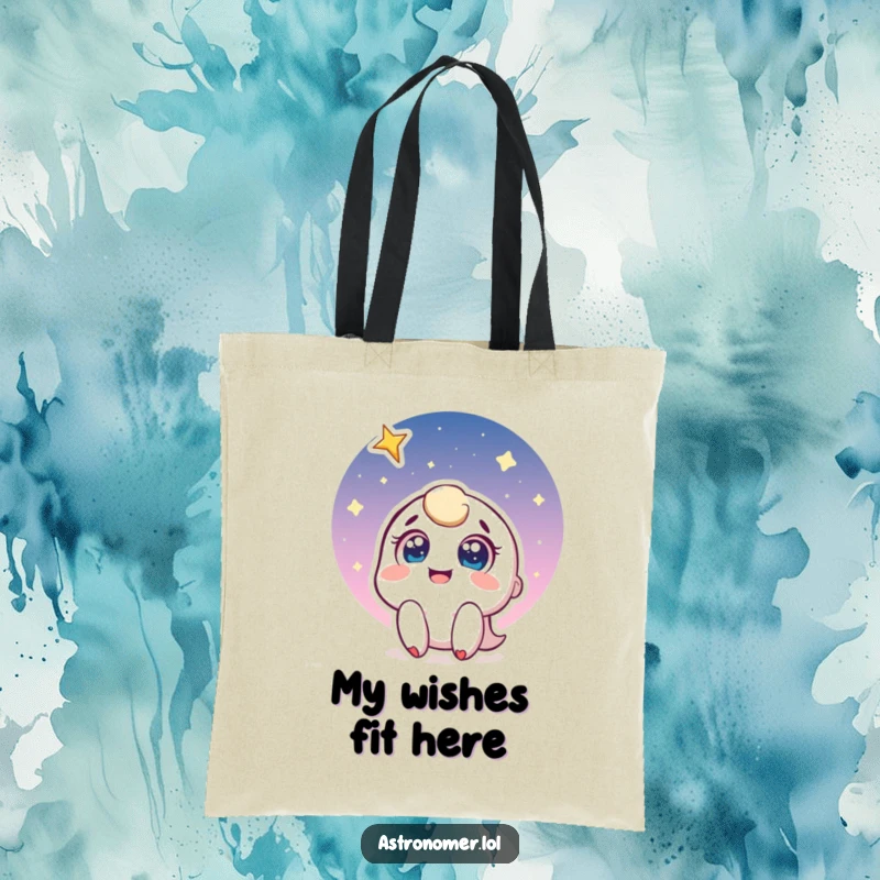 Funny tote bag with a joyful character looking up with a smile at a shooting star, symbolizing dreams and wishes.