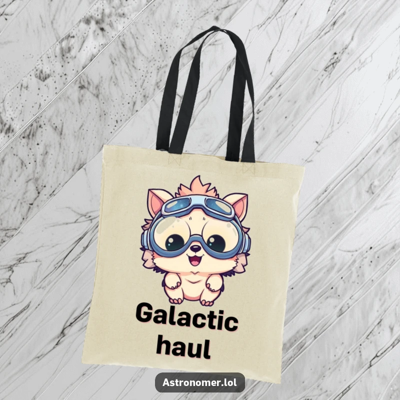 Funny tote bag showcasing a delighted creature in oversized goggles, peering at a miniature galaxy, a whimsical accessory.
