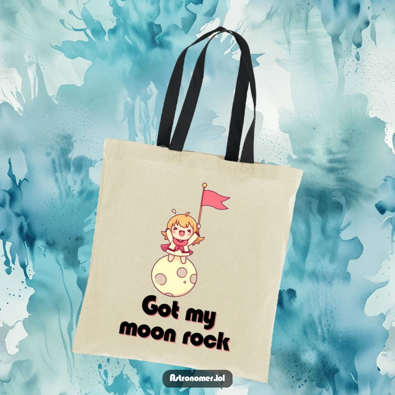 Funny tote bag with a character enthusiastically planting a flag on a tiny moon, celebrating a miniature cosmic conquest.