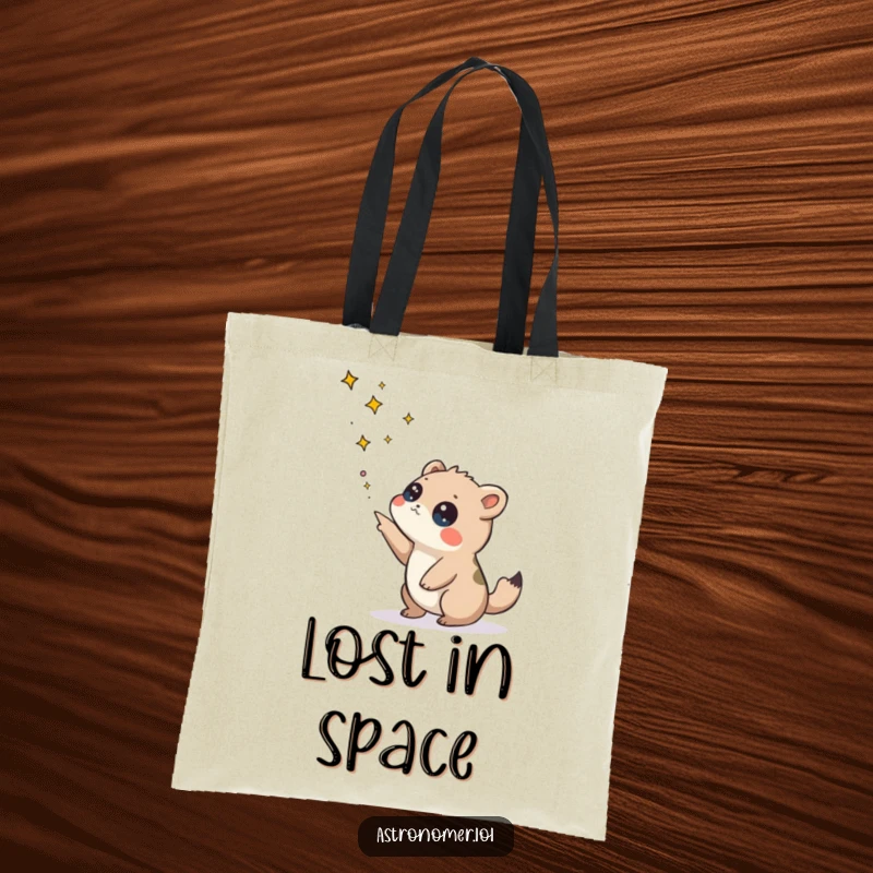Funny tote bag depicting a curious creature examining a star map with a questioning gaze, a humorous space accessory.