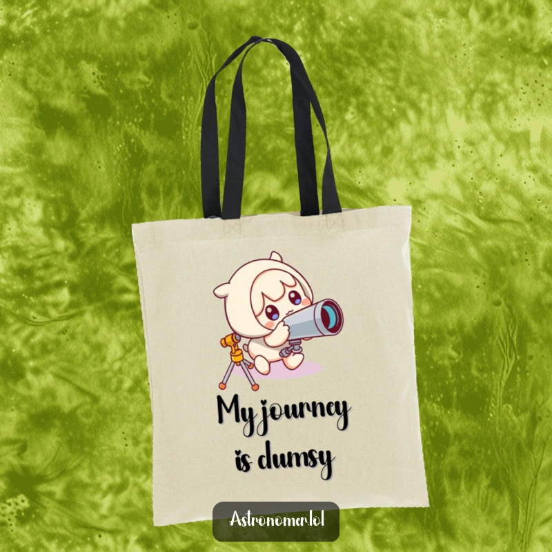 Funny Tote Bag: Cute character is comically surprised after tripping over a telescope, symbolizing relatable space exploration blunders.