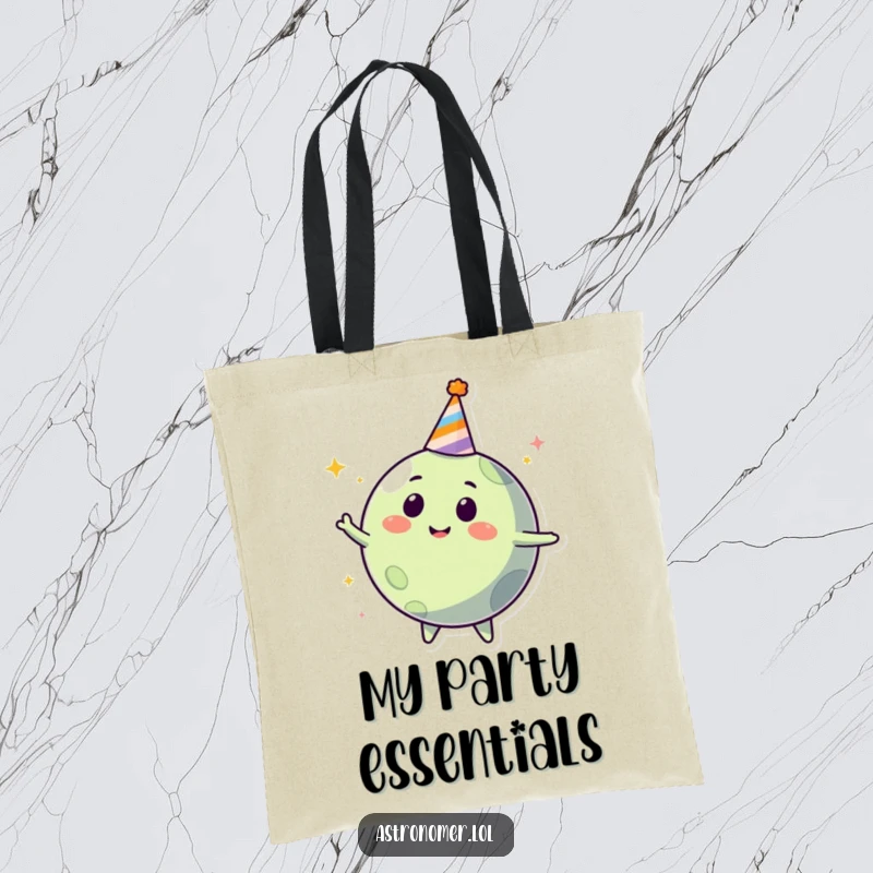 Funny happy planet character in a party hat, spinning with delight, humorous tote bag for party essentials.