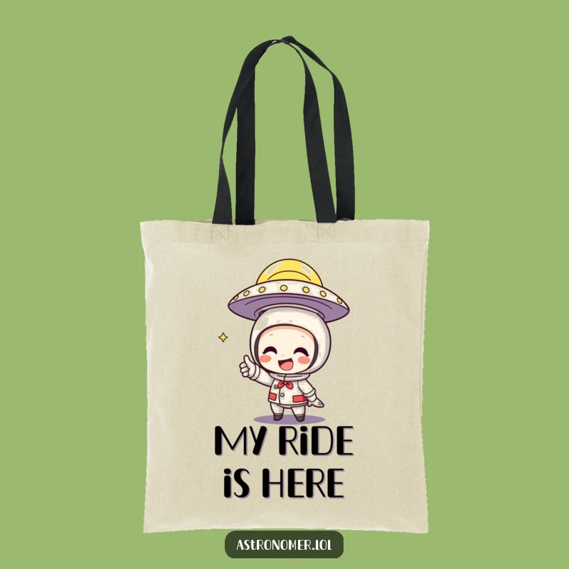 Funny UFO Tote Bag: Character Grins Pointing at Flying Saucer, Carry Your Secrets