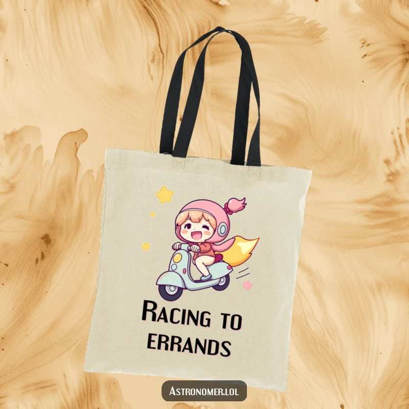 Funny Tote Bag: A joyful character rides a comet like a scooter through space, leaving a sparkly trail of stardust.