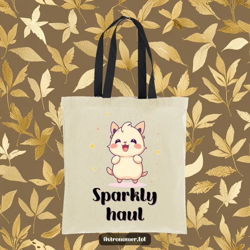 Funny tote bag featuring a gleeful creature showering stardust like confetti, a vibrant and humorous accessory.